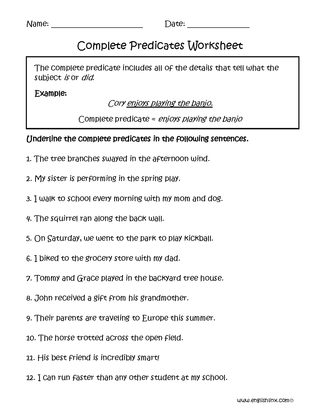 Englishlinx Subject And Predicate Worksheets