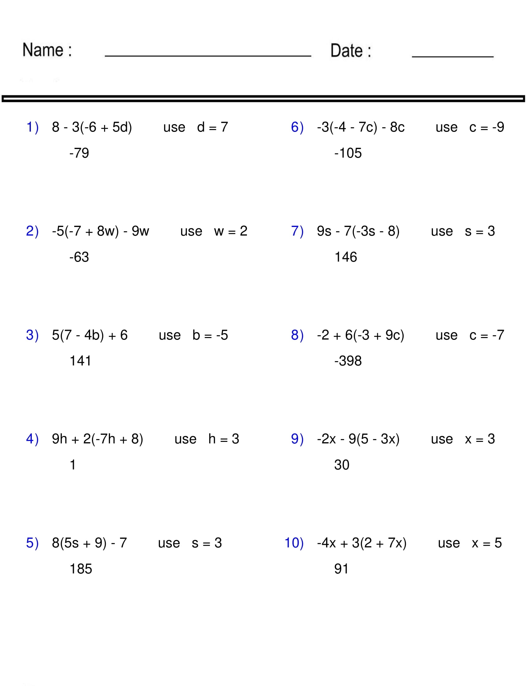 Evaluating Algebraic Expressions Worksheet One Variable Pre Algebra Made By Teachers Pre Algebra Worksheet Worksheets Library
