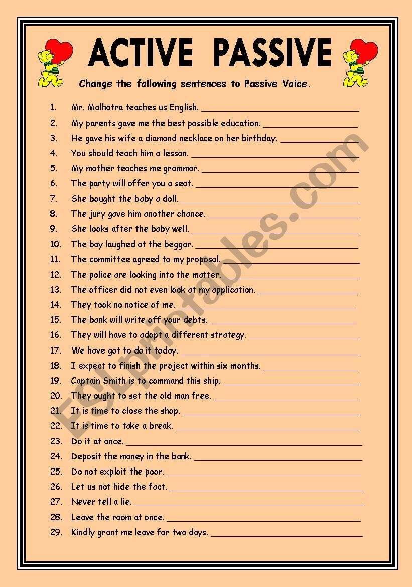 Exercises On ACTIVE PASSIVE VOICE EDITABLE With KEY ESL Worksheet By Vikral Exercises On ACTIVE PASSIVE VOICE EDITABLE With KEY ESL Worksheet By Vikral