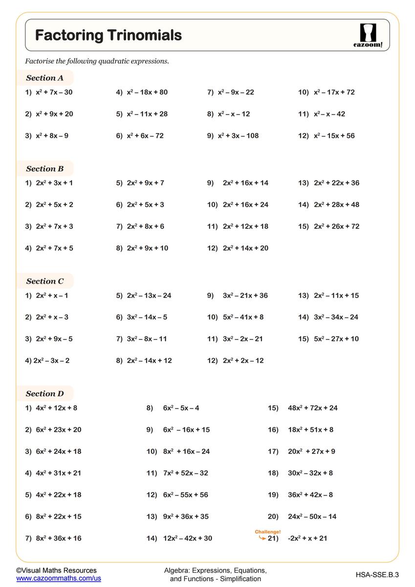 Factoring Trinomials Worksheet PDF Printable Algebra Worksheet Cazoom Math Free Worksheets For Prime Factorization Find Factors Of A Number