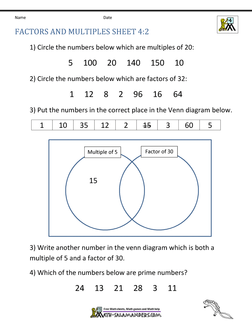Factors And Multiples Worksheet