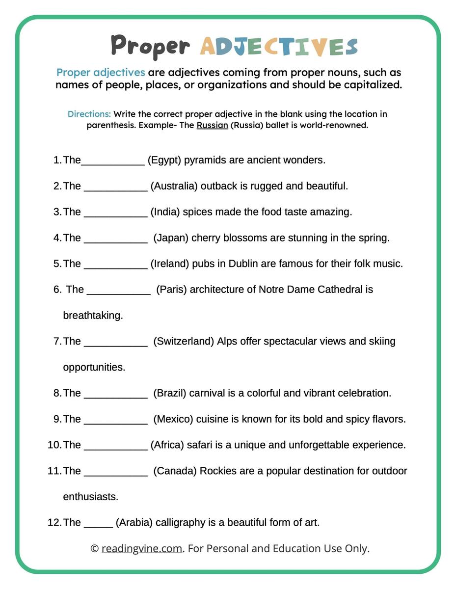 Fill In The Blanks Proper Adjectives Worksheet ReadingVine