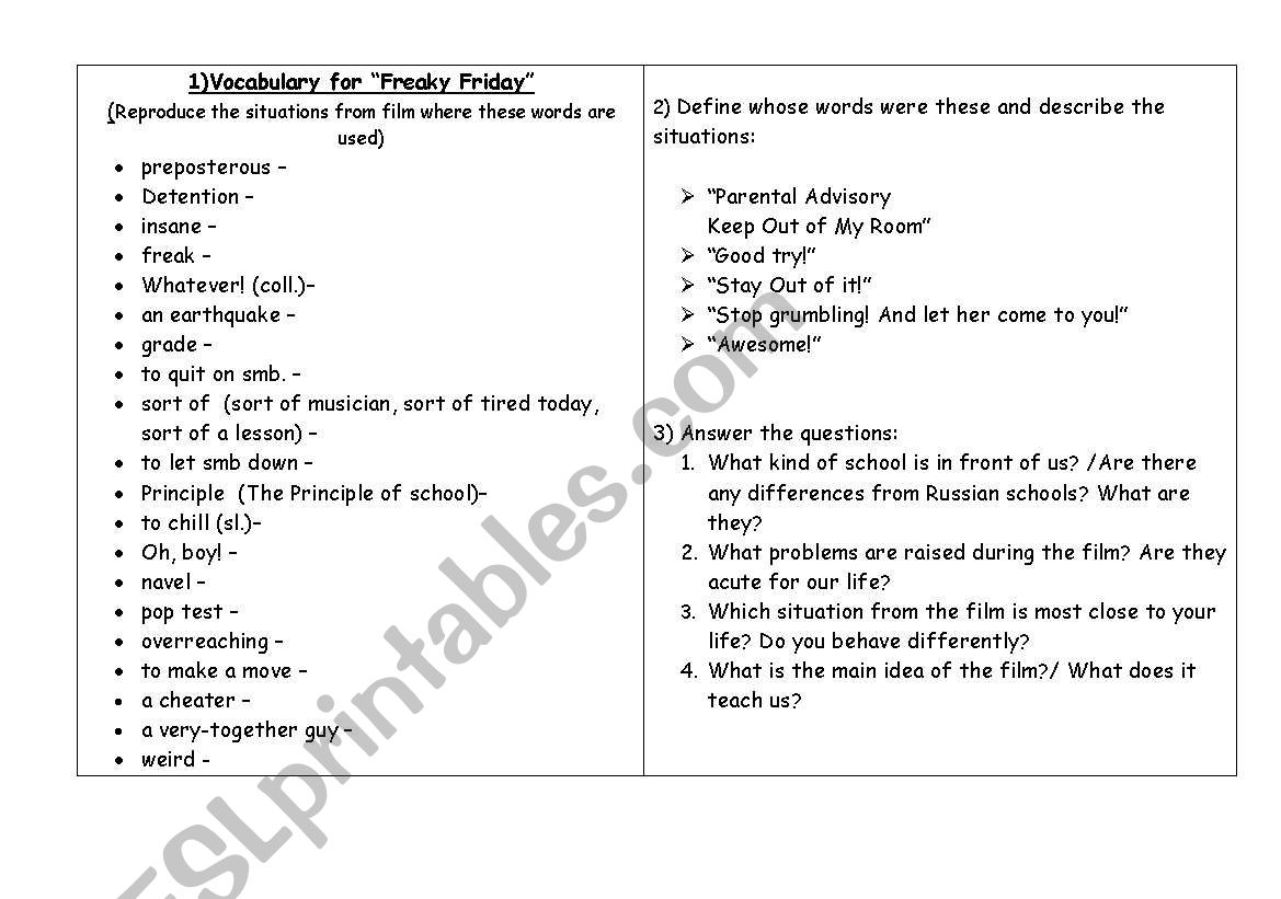 Film Work Freaky Friday ESL Worksheet By Elena23K Film Work Freaky Friday ESL Worksheet By Elena23K