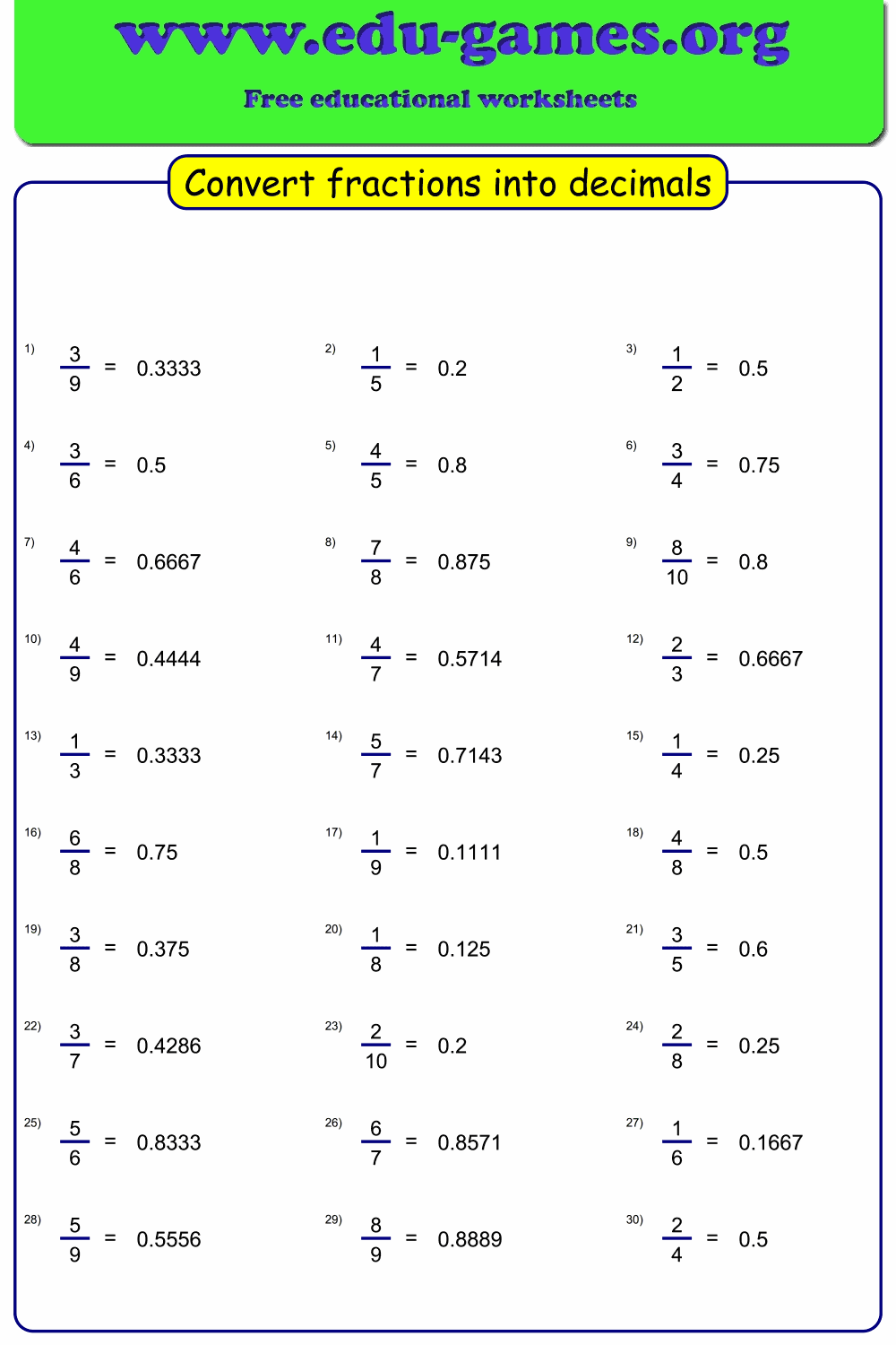 Free Fraction To Decimal Worksheets PDF Easy Generator For Students Converting Fraction To Decimals Worksheets Www Grade1to6
