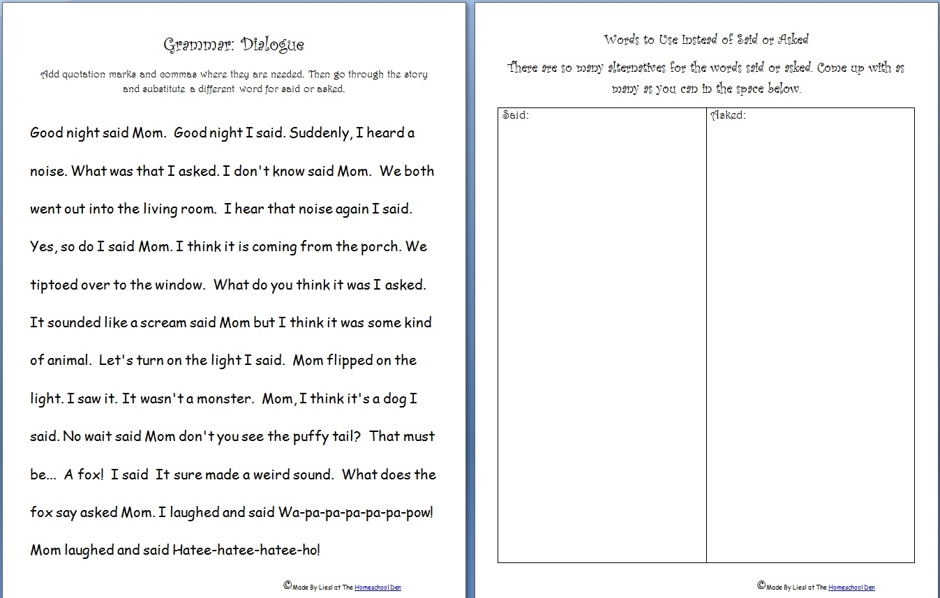Free Grammar Practice Sheet Quotation Marks Said Asked Words Homeschool Den Free Grammar Practice Sheet Quotation Marks Said Asked Words Homeschool Den