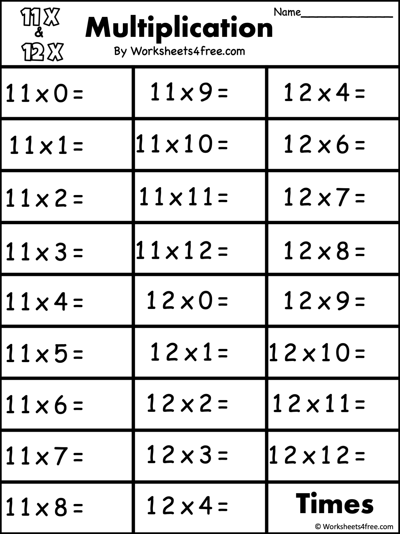 11 Times Tables Worksheets