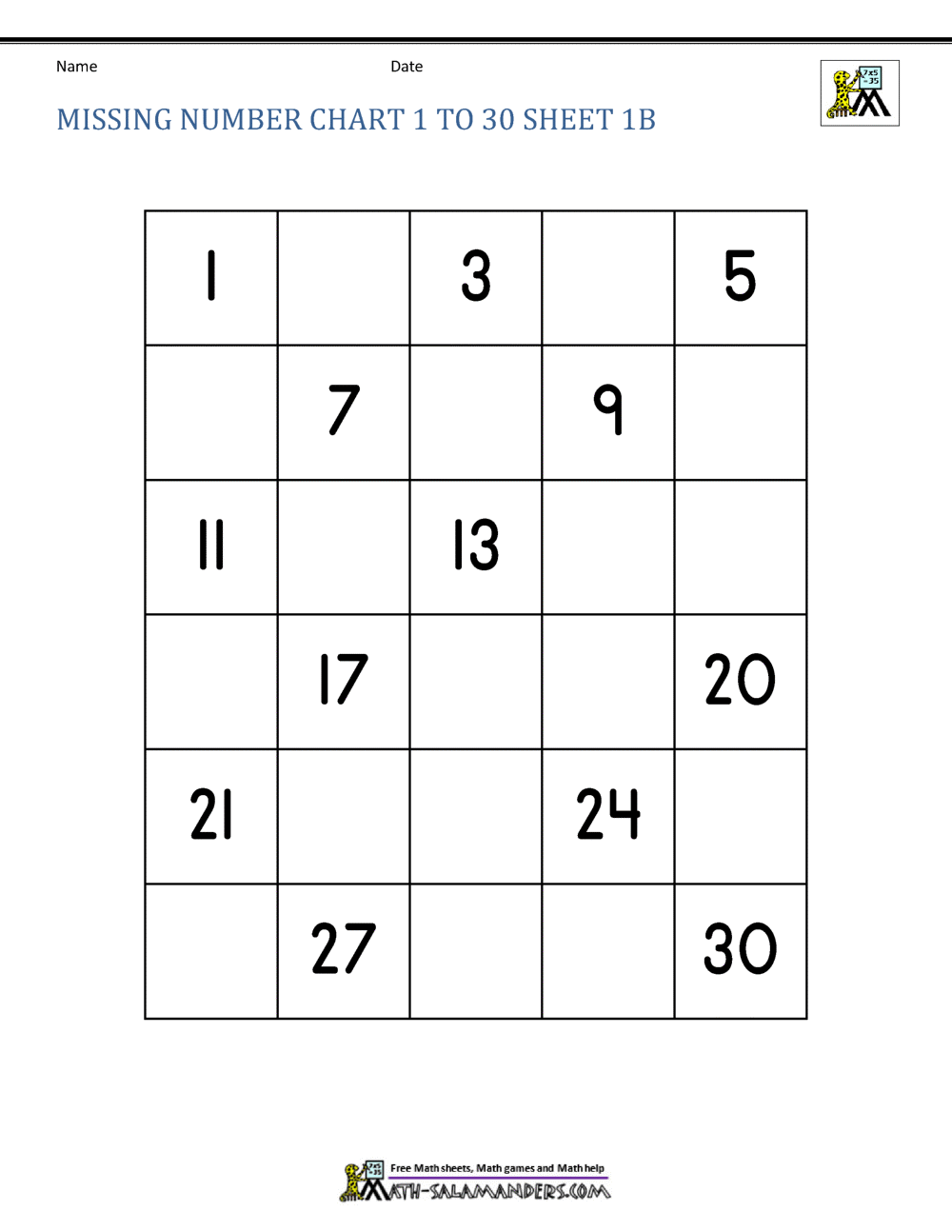 Free Number Chart 1 30