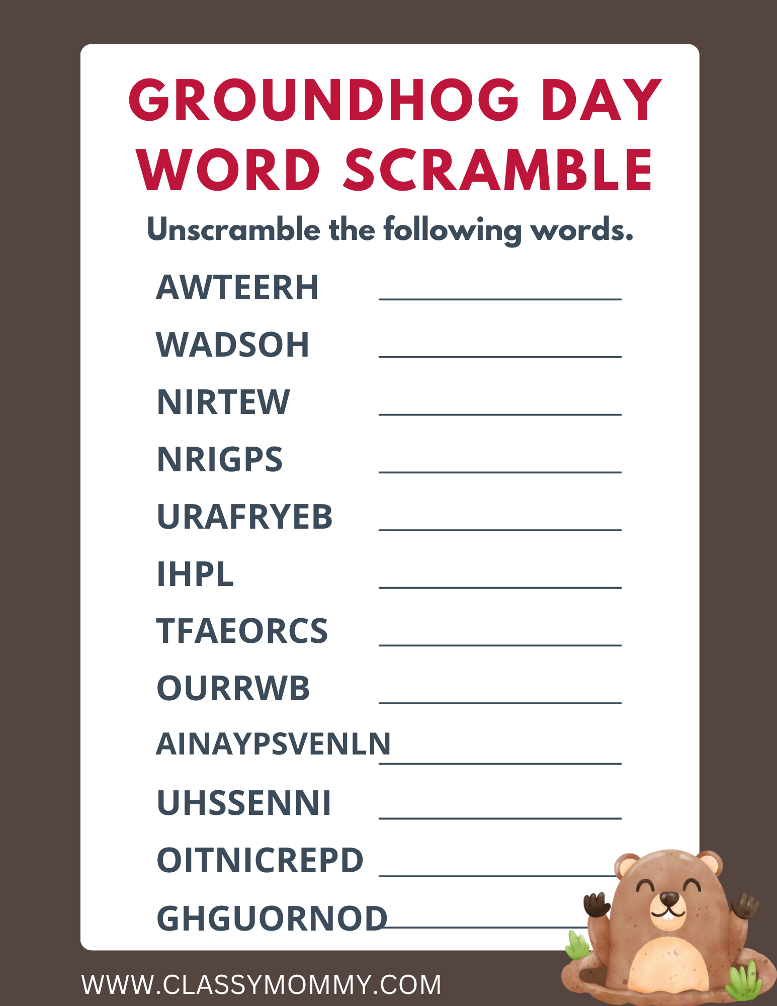Free Printable Groundhog Day Word Scramble Classy Mommy Groundhog Day Vocabulary Cut Paste Worksheet The Artisan Life