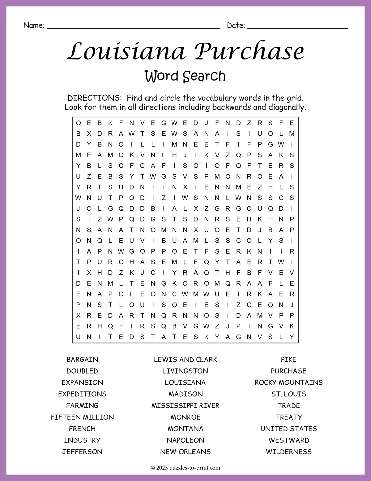 Free Printable Louisiana Purchase Word Search Louisiana Purchase Word Search Monster Word Search