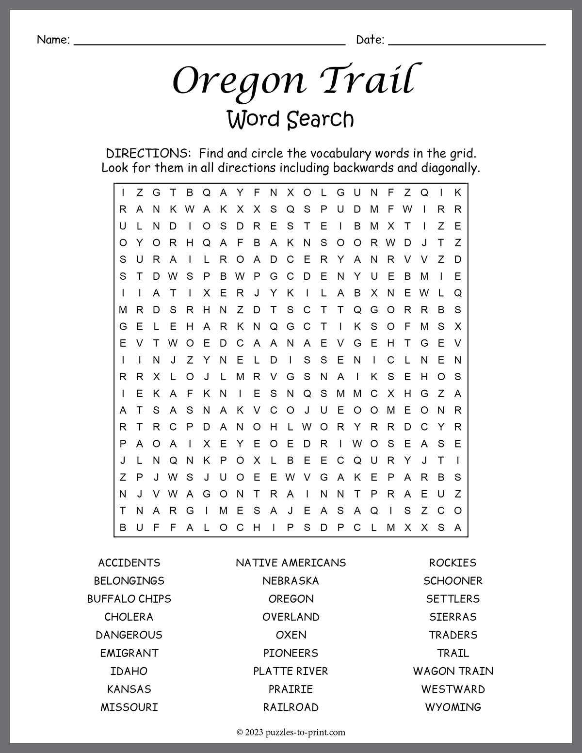 Free Printable Oregon Trail Word Search Free Printable Oregon Trail Word Search