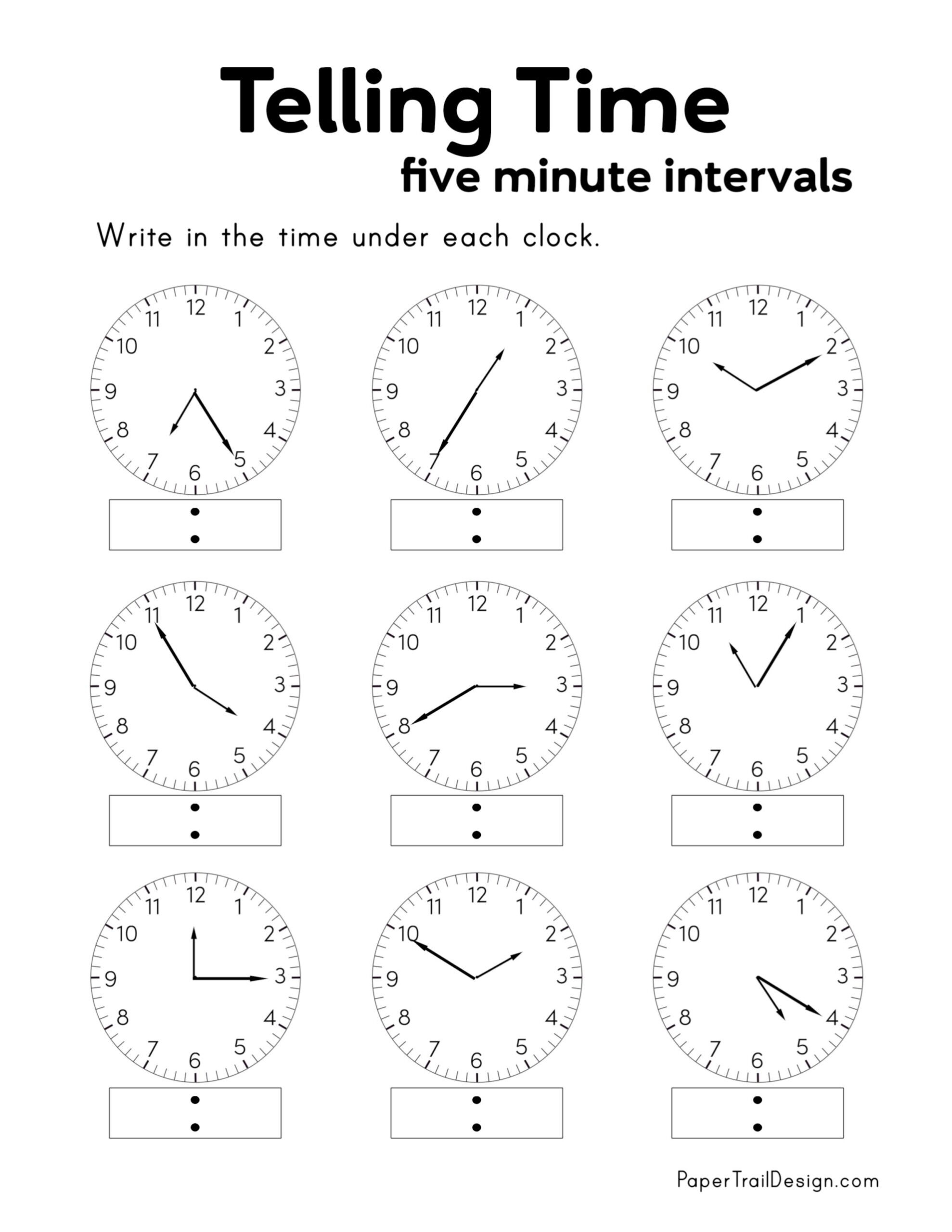 Telling Time To 5 Minutes Worksheets