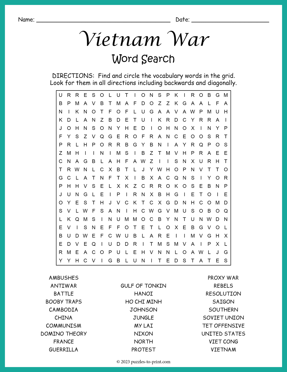 Free Printable Vietnam War Word Search