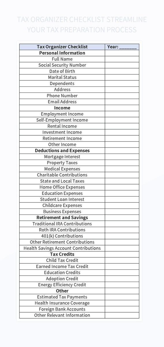 Free Tax Organizer Printable Tax Preparation Checklist Pdf Templates For Google Sheets And Microsoft Excel Slidesdocs
