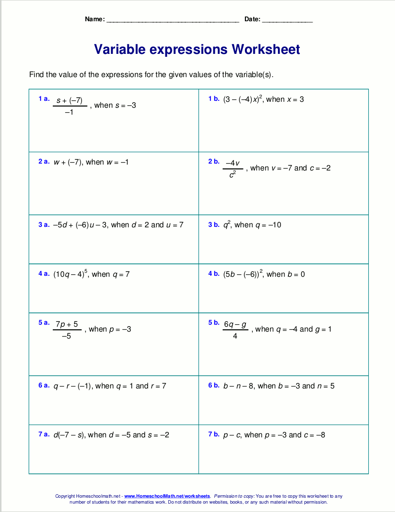Free Worksheets For Evaluating Expressions With Variables Grades Worksheets Library Substitution Worksheets Printable Worksheet On Substitution Into Formulae And Expressions PDF And Free Samples Downloads Cazoom Maths
