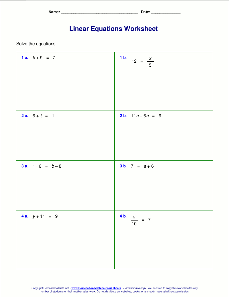 Free Worksheets For Linear Equations Grades 6 9 Pre Algebra Algebra 1 Elementary Algebra Variable Expressions Worksheet