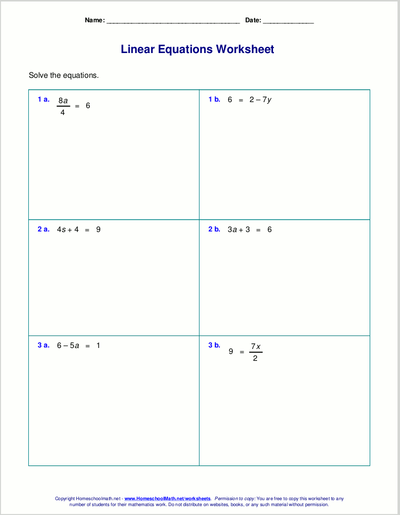 Free Worksheets For Linear Equations grades 6 9 Pre algebra Algebra 1