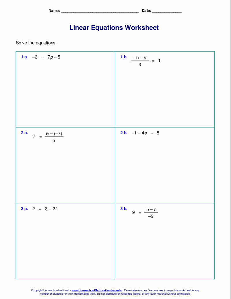 Free Worksheets For Linear Equations Grades 6 9 Pre Algebra Algebra 1 Solve Two Step Equations Print Digital Worksheets Library