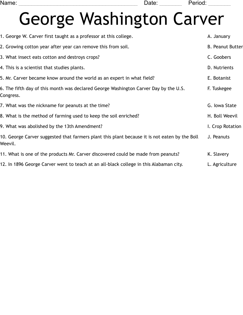 George Washington Carver Worksheet WordMint George Washington Carver Worksheet WordMint