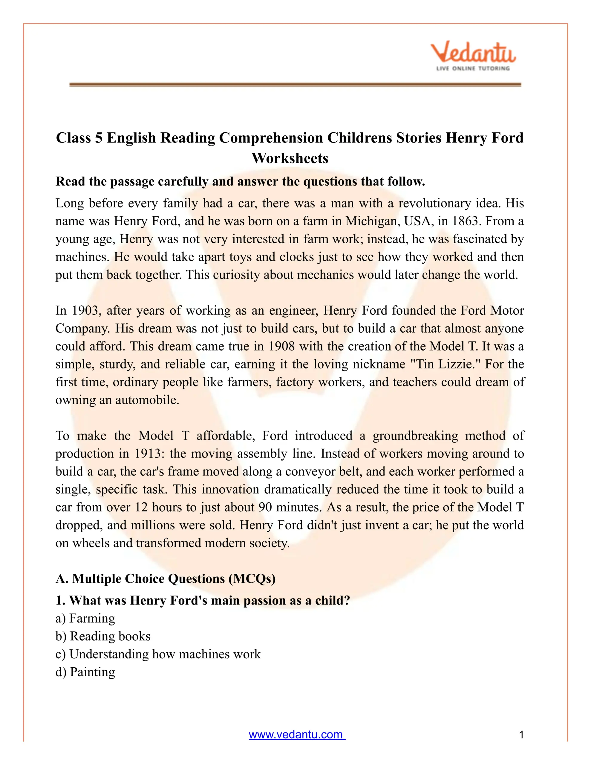 Grade 5 Reading Comprehension Worksheet Henry Ford Story Grade 5 Reading Comprehension Worksheet Henry Ford Story
