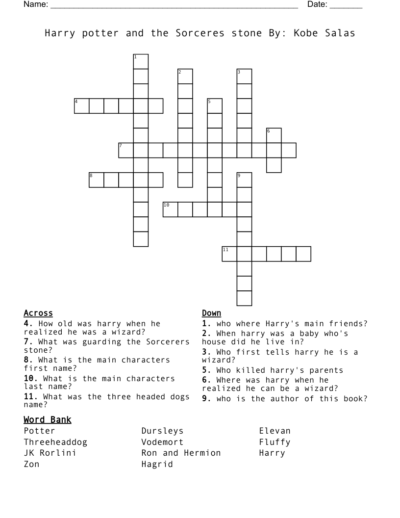 Harry Potter And The Sorceres Stone By Kobe Salas Crossword WordMint Harry Potter And The Sorcerer S Stone Word Search WordMint