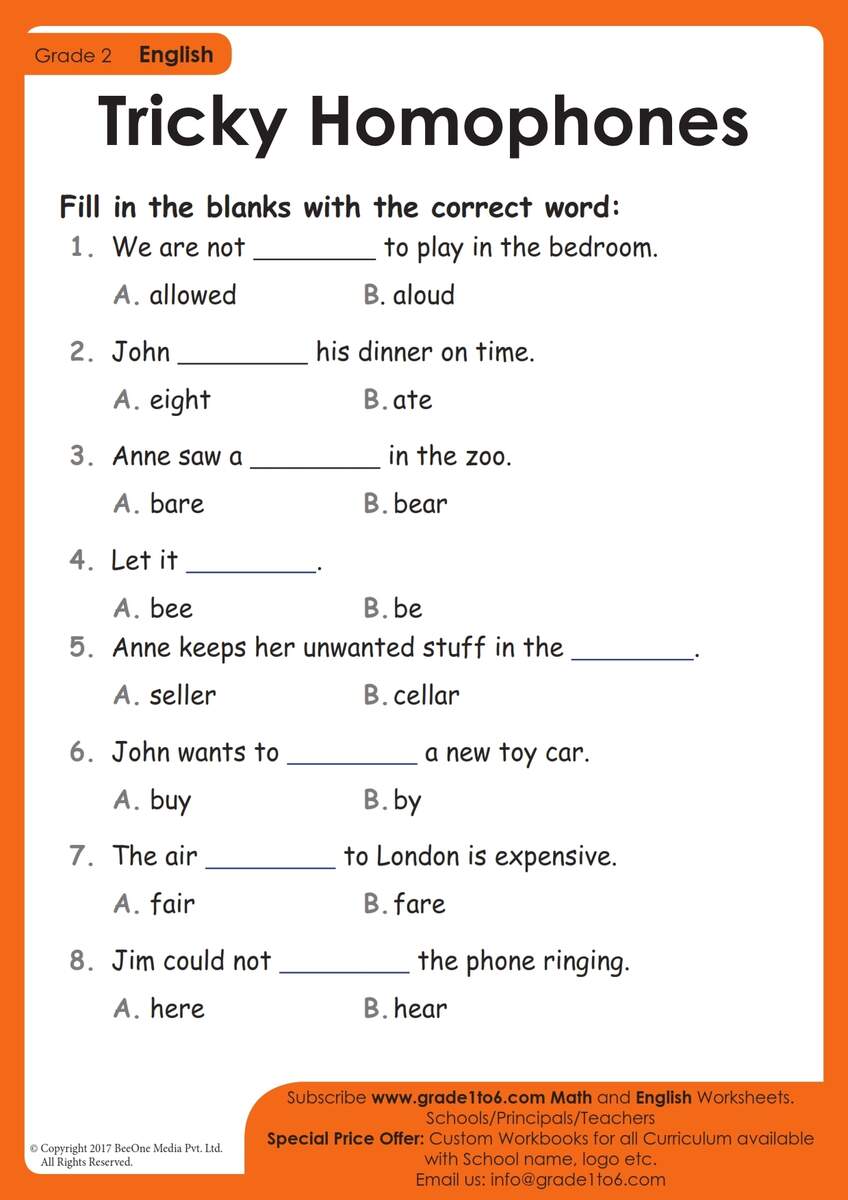 Printable 2nd Grade Homophones And Homographs Worksheets