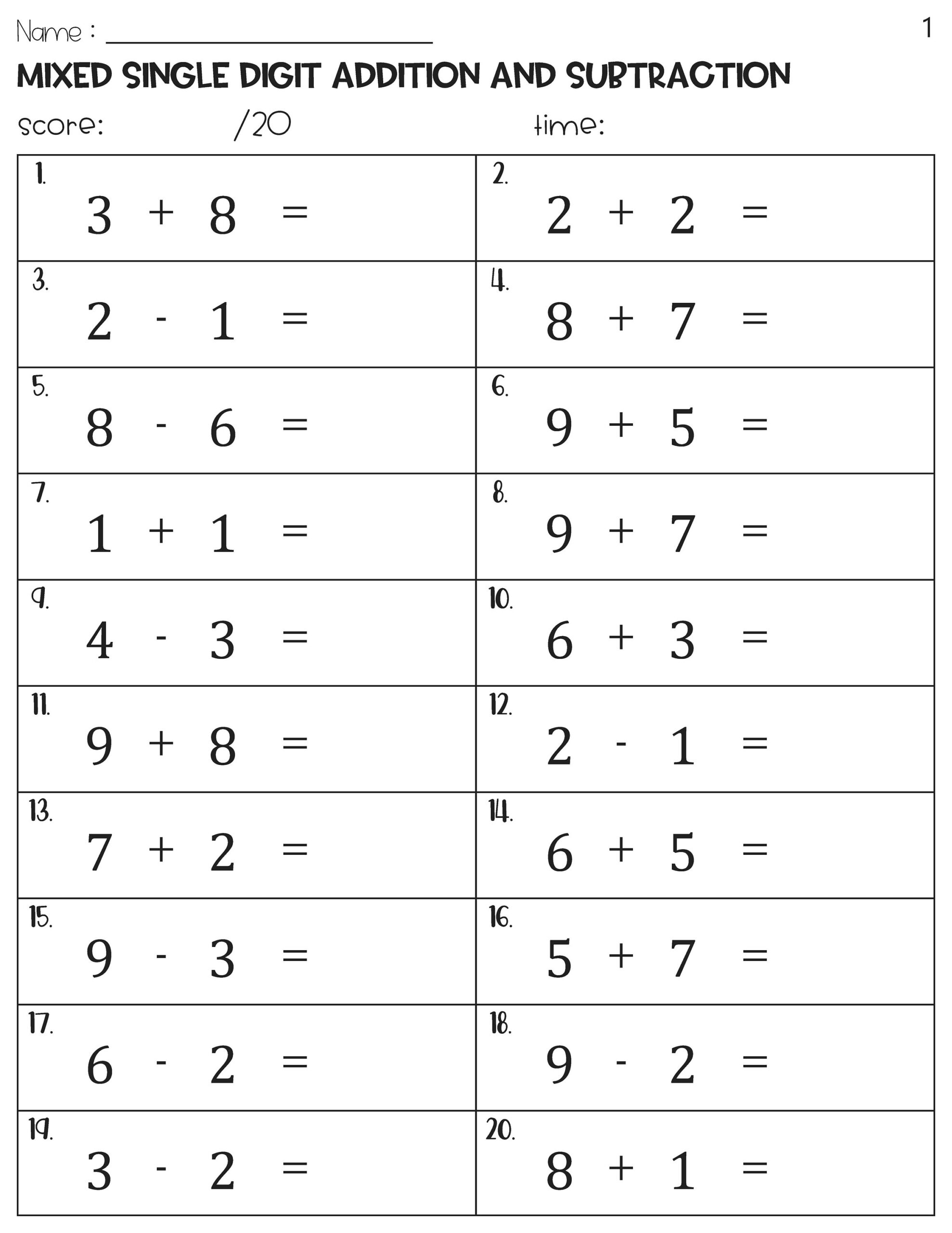 Horizontal Mixed Single Digit Addition And Subtraction Worksheets Etsy