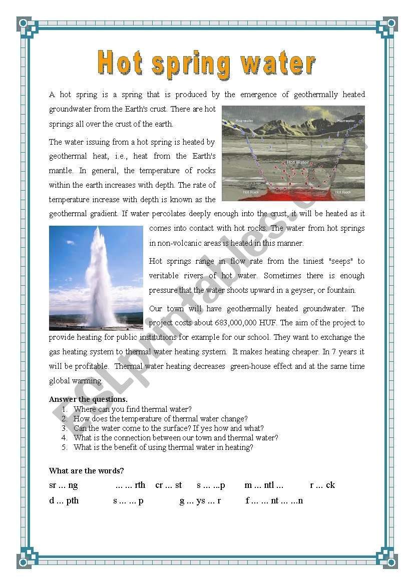 Hot Spring Water ESL Worksheet By Saskat3 Hot Spring Water ESL Worksheet By Saskat3