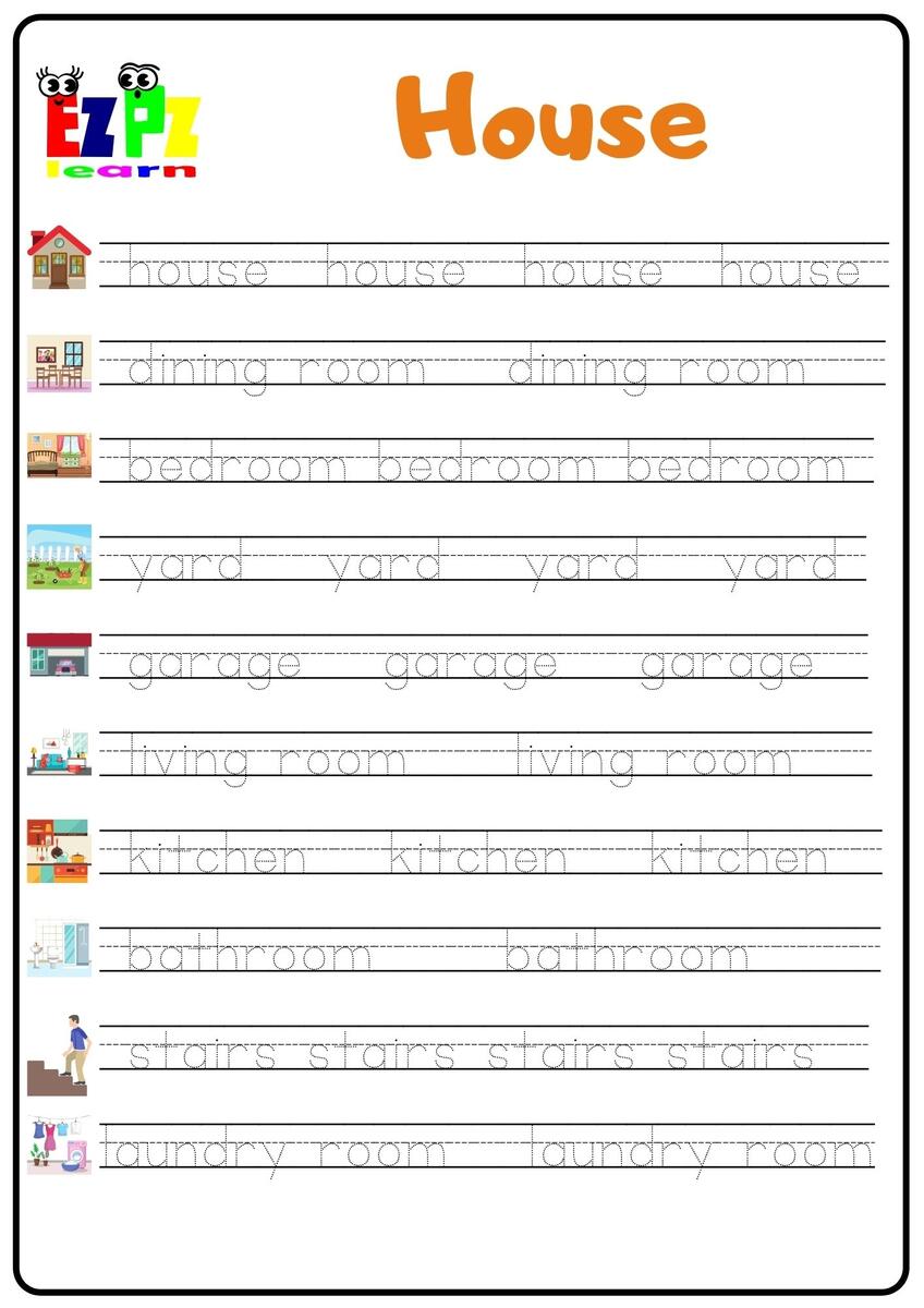 House Rooms Word Tracing Worksheet Ezpzlearn Tracing House Dotted Lines Shape For Preschool And Kindergarten School Kids Worksheet Element For Drawing Practice Stock Vector Image Art Alamy