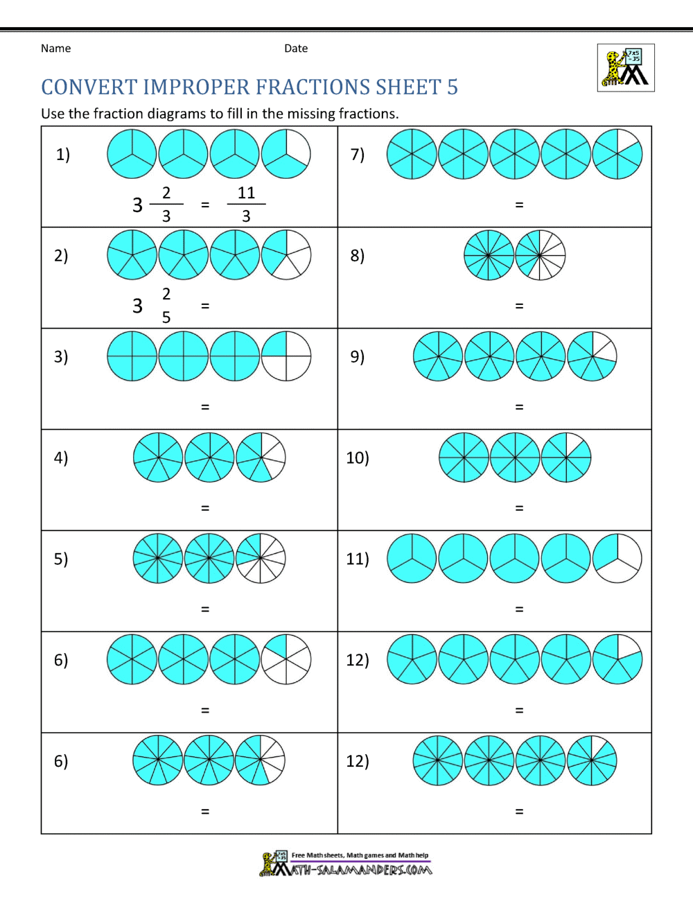 Improper Fraction Worksheets Mixed Numbers And Improper Fractions A Worksheet Printable Maths Worksheets
