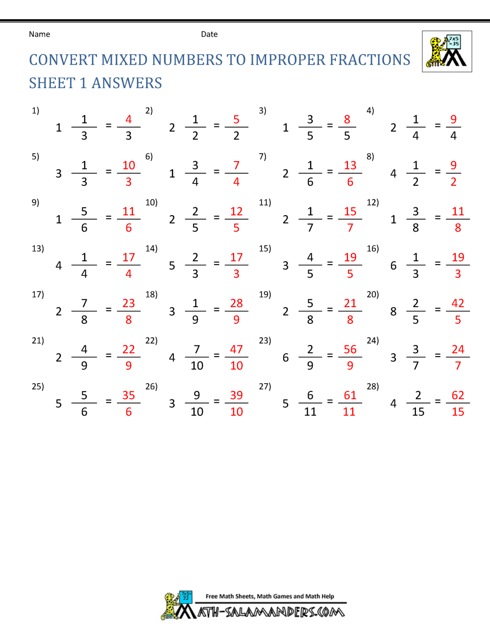 Improper Fraction Worksheets Multiplying Mixed Fractions