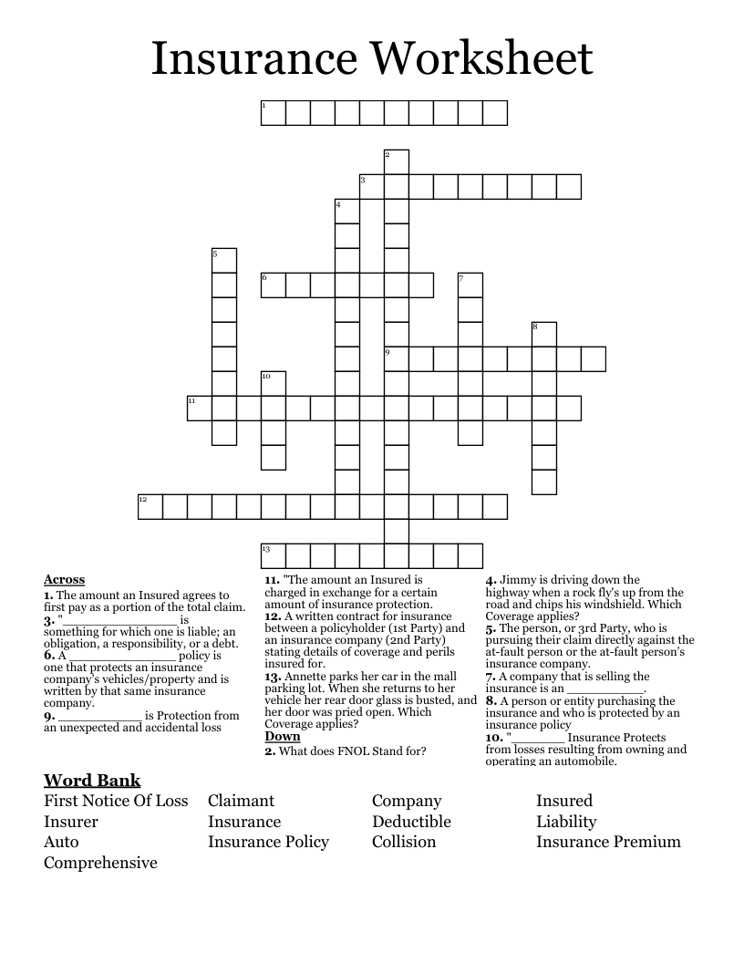 Insurance Worksheet Crossword WordMint Insurance Worksheet Crossword WordMint