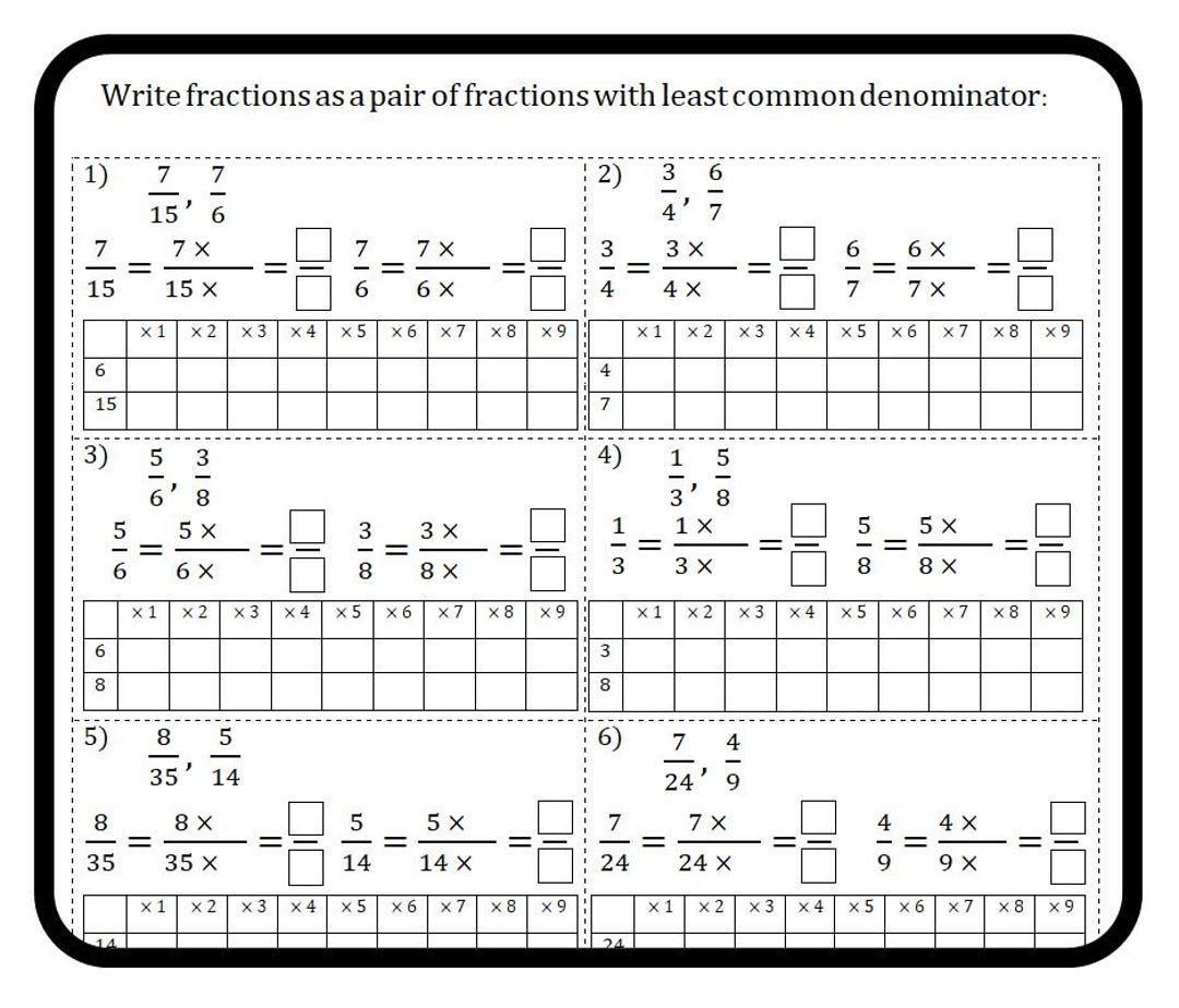 Least Common Denominator Worksheets Math Grades 4 6 Printable PDF Etsy