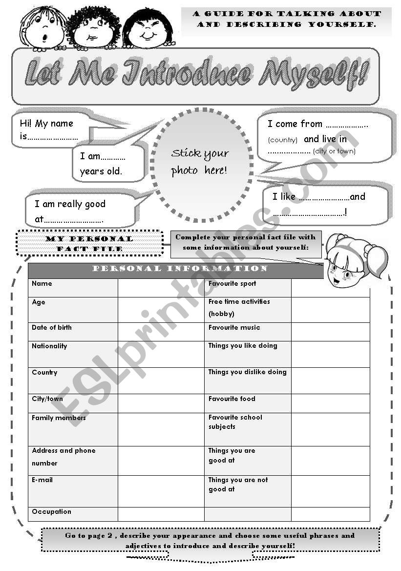 LET ME INTRODUCE MYSELF A GUIDE FOR TALKING ABOUT AND DESCRIBING YOURSELF 2 Pages ESL Worksheet By Svetamarik Svetlana