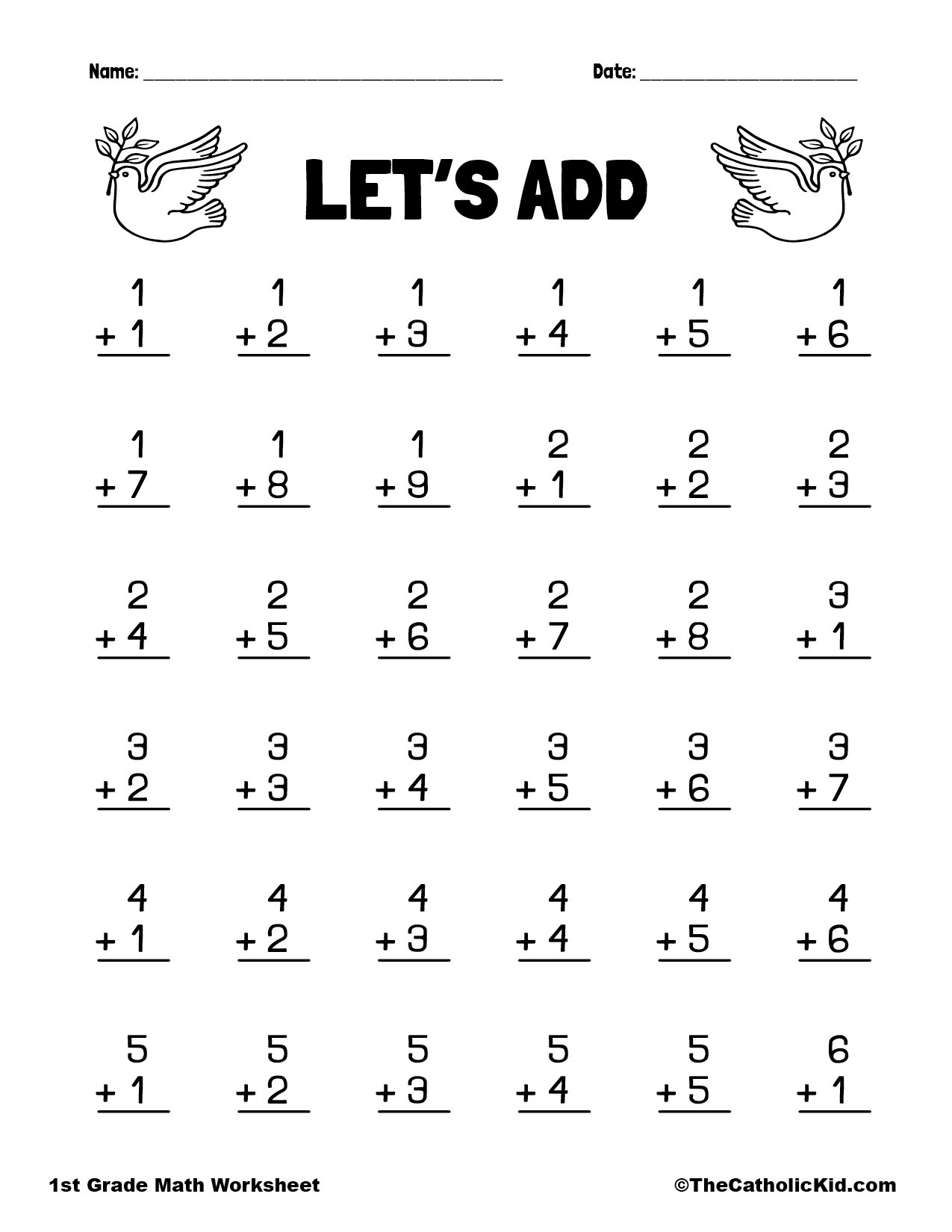 Let S Add 1st Grade Math Worksheet Catholic Dove Themed First Grade Subtraction Worksheet
