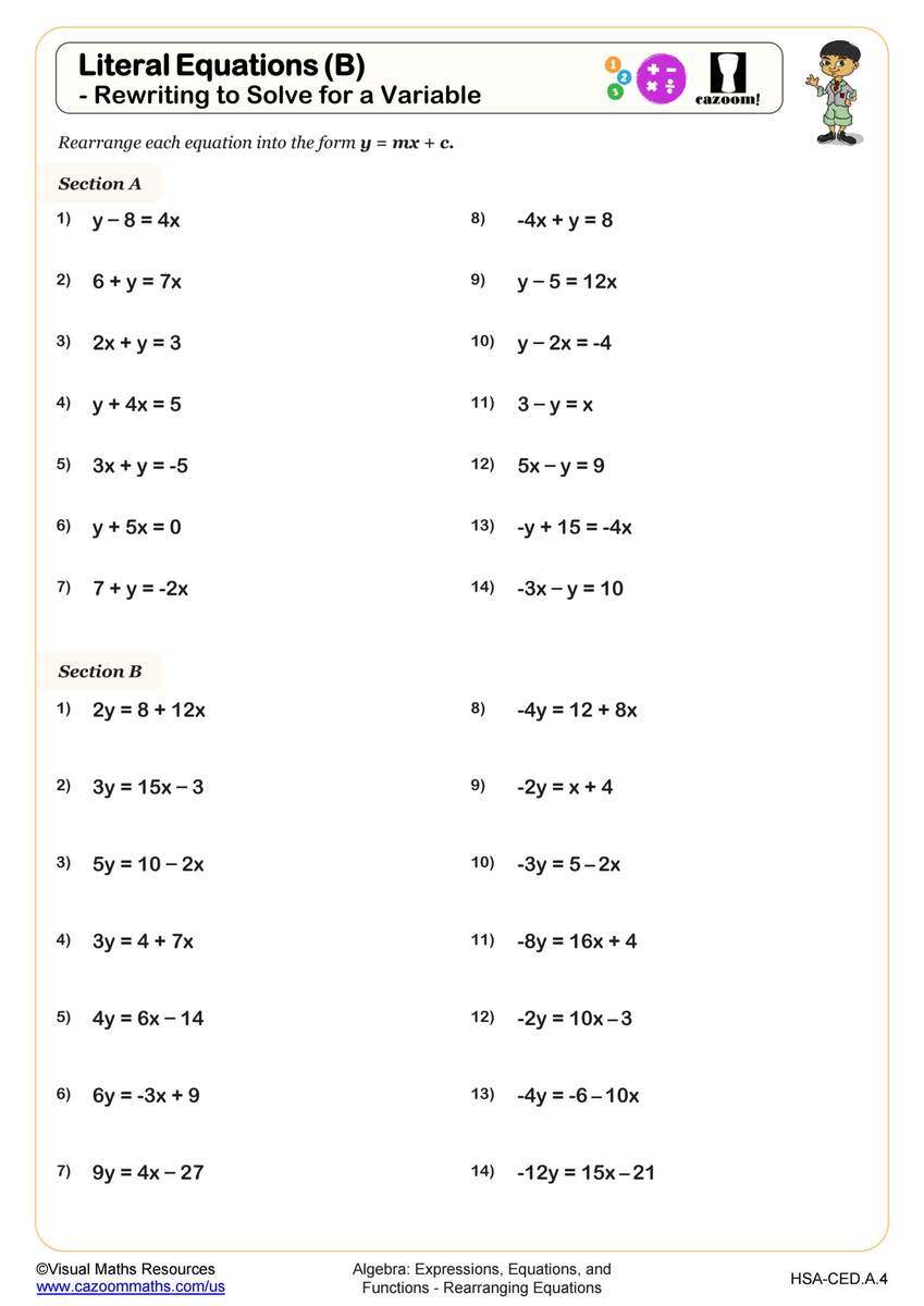 Literal Equations B Rewriting To Solve For A Variable Worksheet PDF Printable Algebra Worksheet Cazoom Math Literal Equations B Rewriting To Solve For A Variable Worksheet PDF Printable Algebra Worksheet Cazoom Math