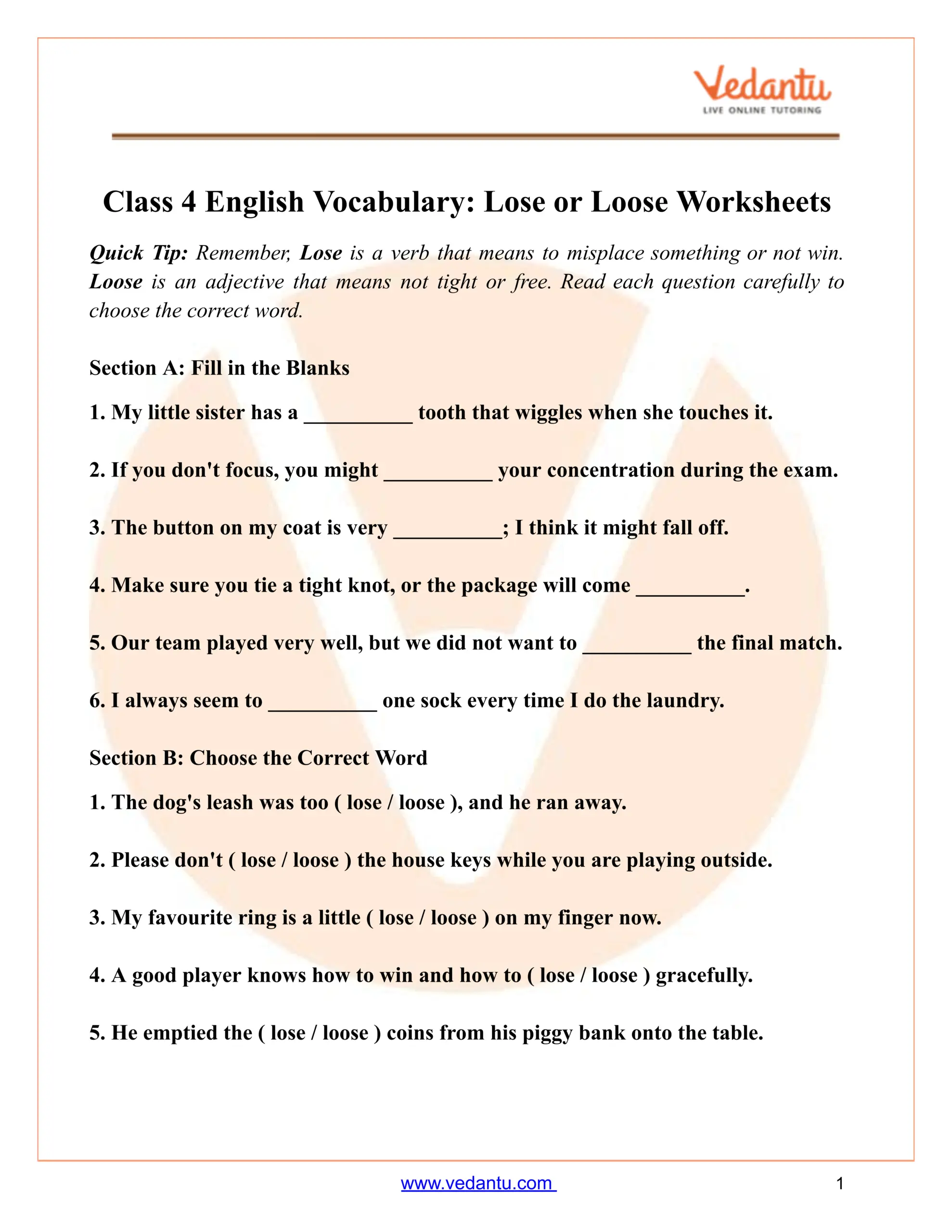Lose Or Loose Worksheet For Class 4 Vocabulary Practice Lose Or Loose Worksheet For Class 4 Vocabulary Practice