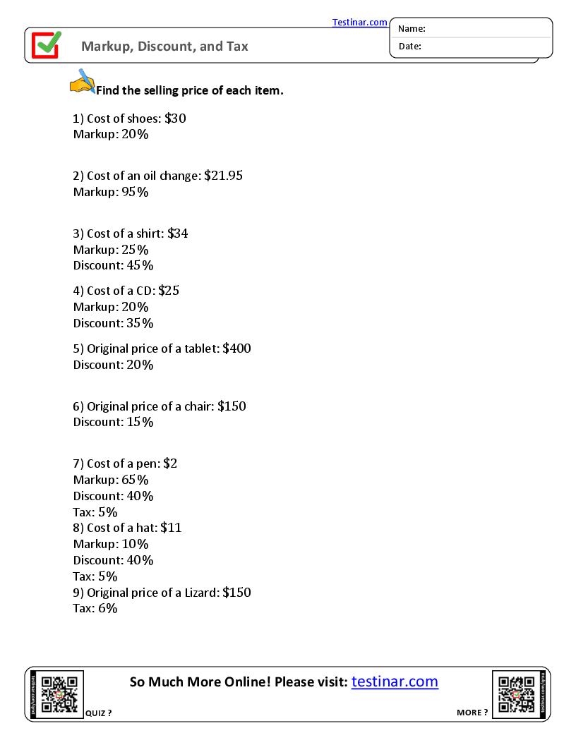 Markup Discount And Tax Worksheets Markup Discount And Tax Worksheets