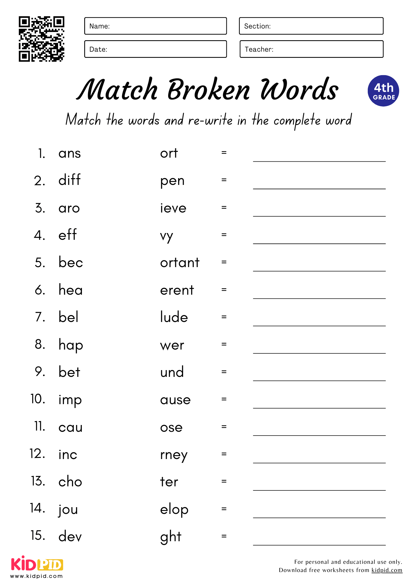 Match And Complete The Words Worksheet For Grade 4 Kidpid Back To School Worksheets For Kids ABCmouse