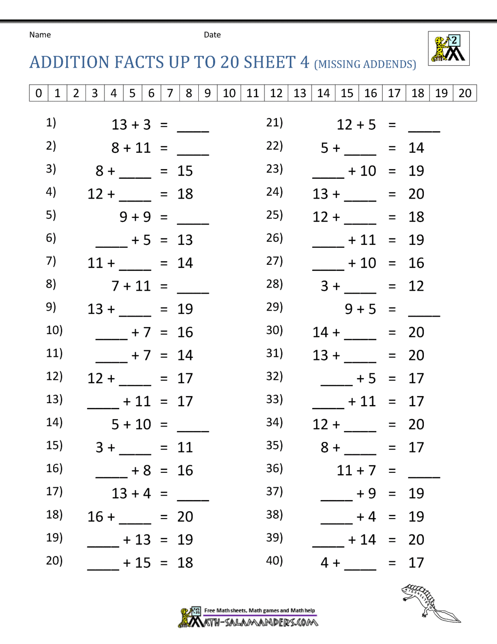 Math Addition Facts To 20