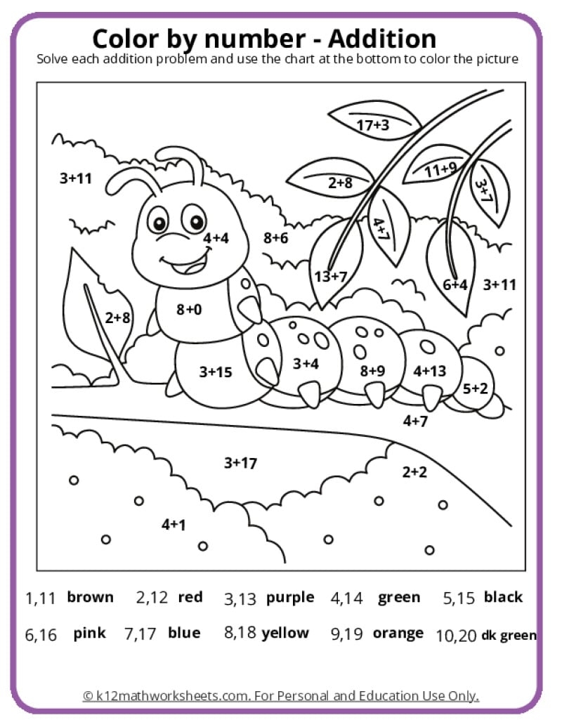 Math Coloring Pages Printable PDFs By K12mathworksheets Color By Addition Worksheet Free Printable Digital PDF