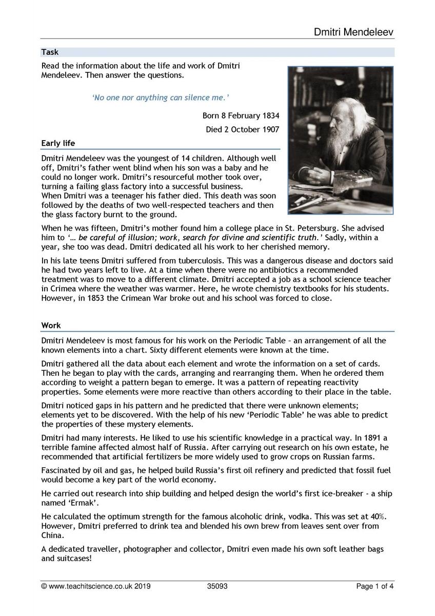 Mendeleev Worksheet KS3 Chemistry Teachit