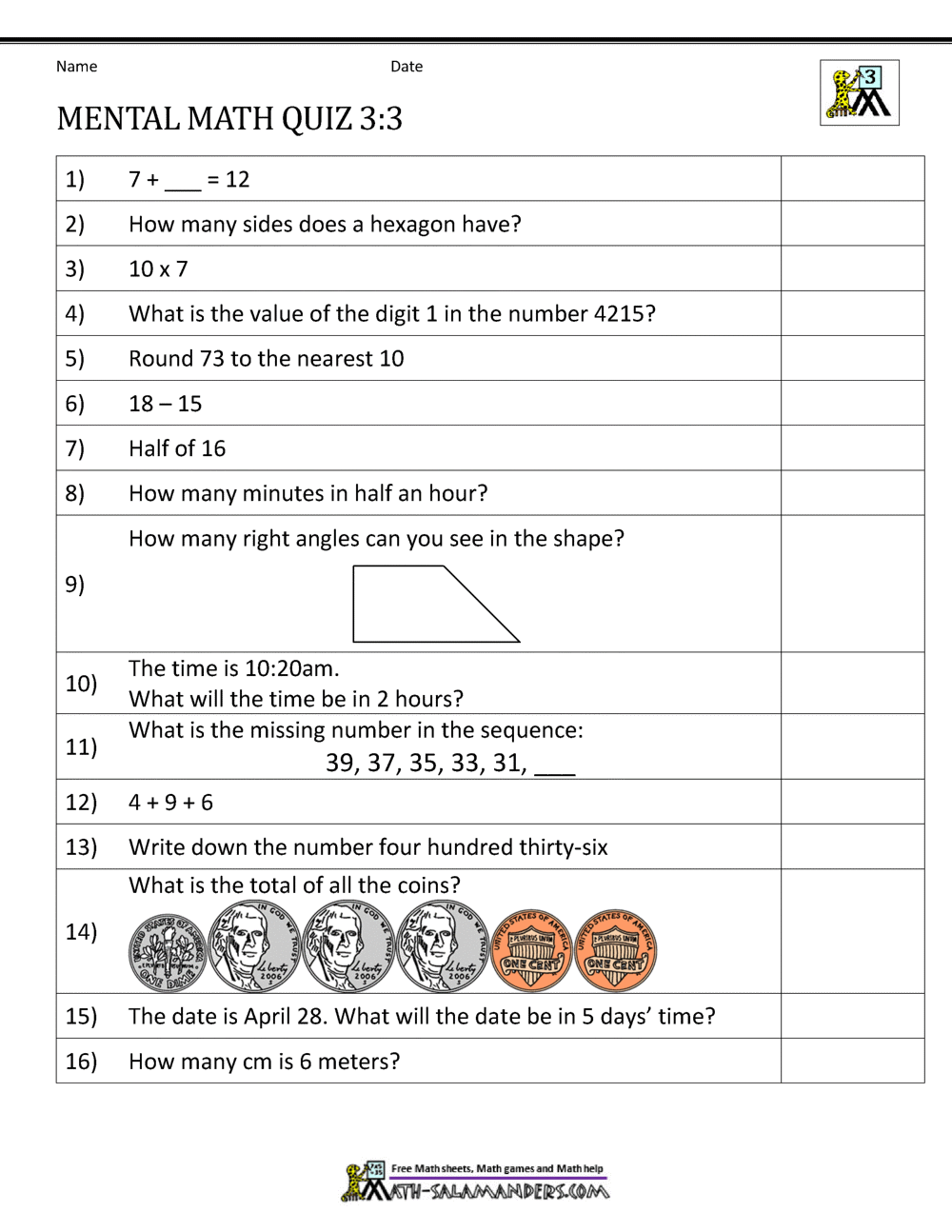 Year 3 Mental Maths Worksheets