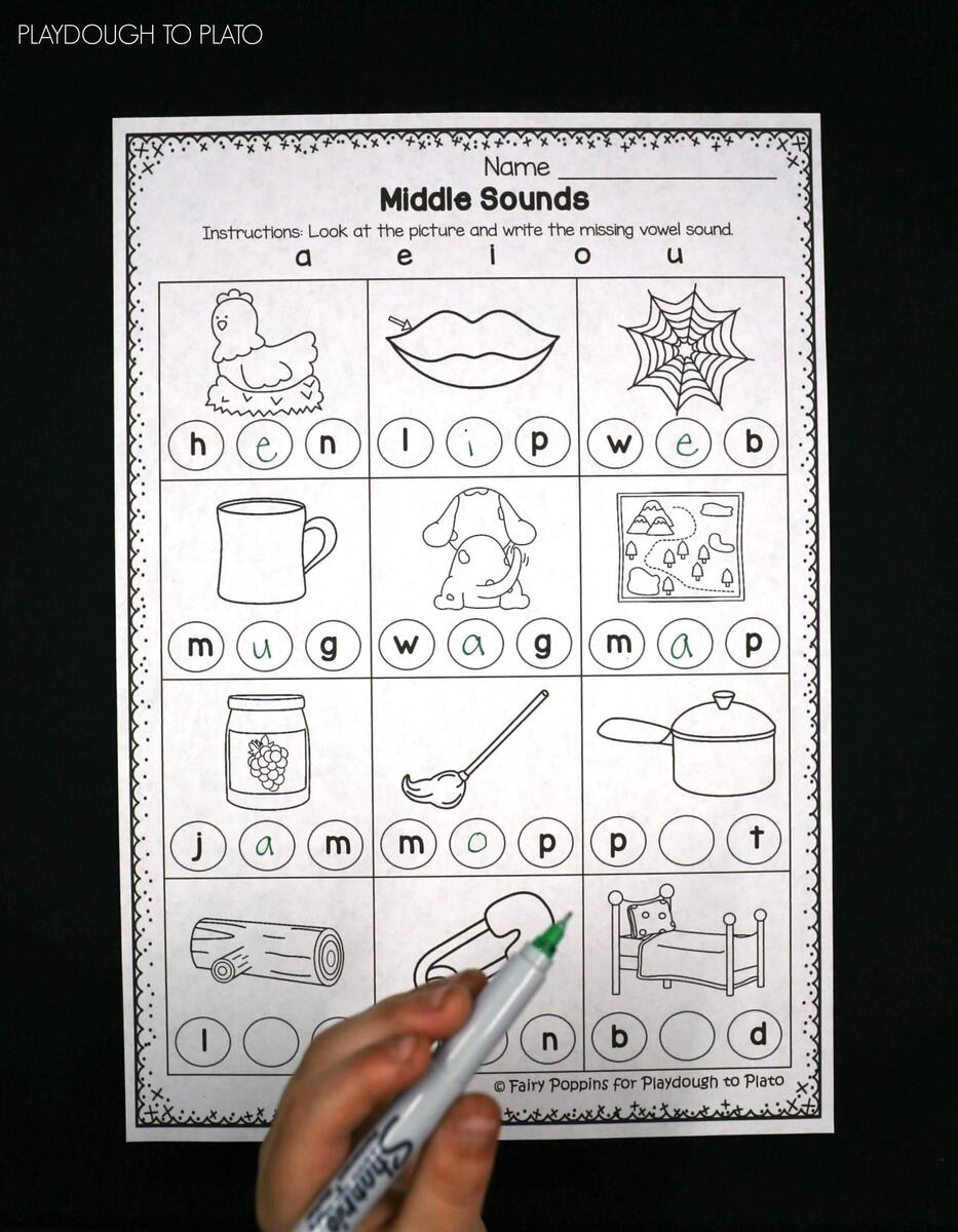 Middle Vowel Activity Sheets Playdough To Plato Missing Middle Sound CVC Word Mats Free Printable