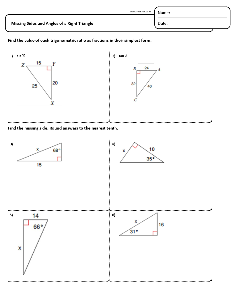 Missing Sides And Angles Of A Right Triangle Worksheets