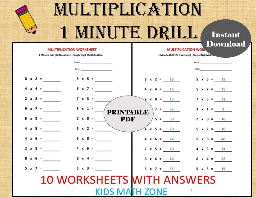 Multiplication 1 Minute Drill 10 Math Worksheets PDF Etsy Multiplication 1 Minute Drill 10 Math Worksheets PDF Etsy
