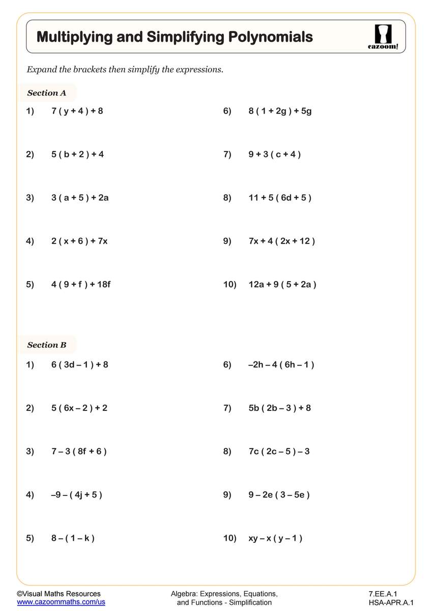 Multiplying And Simplifying Polynomials Worksheet 7th Grade PDF Worksheets Cazoom Math