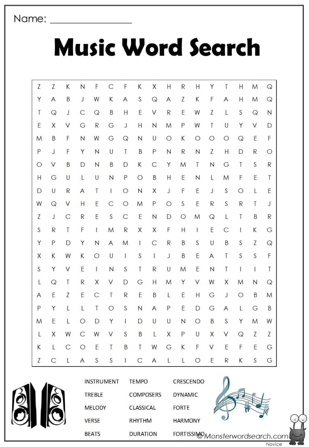 Music Word Search Monster Word Search Worksheets Library Music Theory For Beginners Free Videos PDF Worksheets