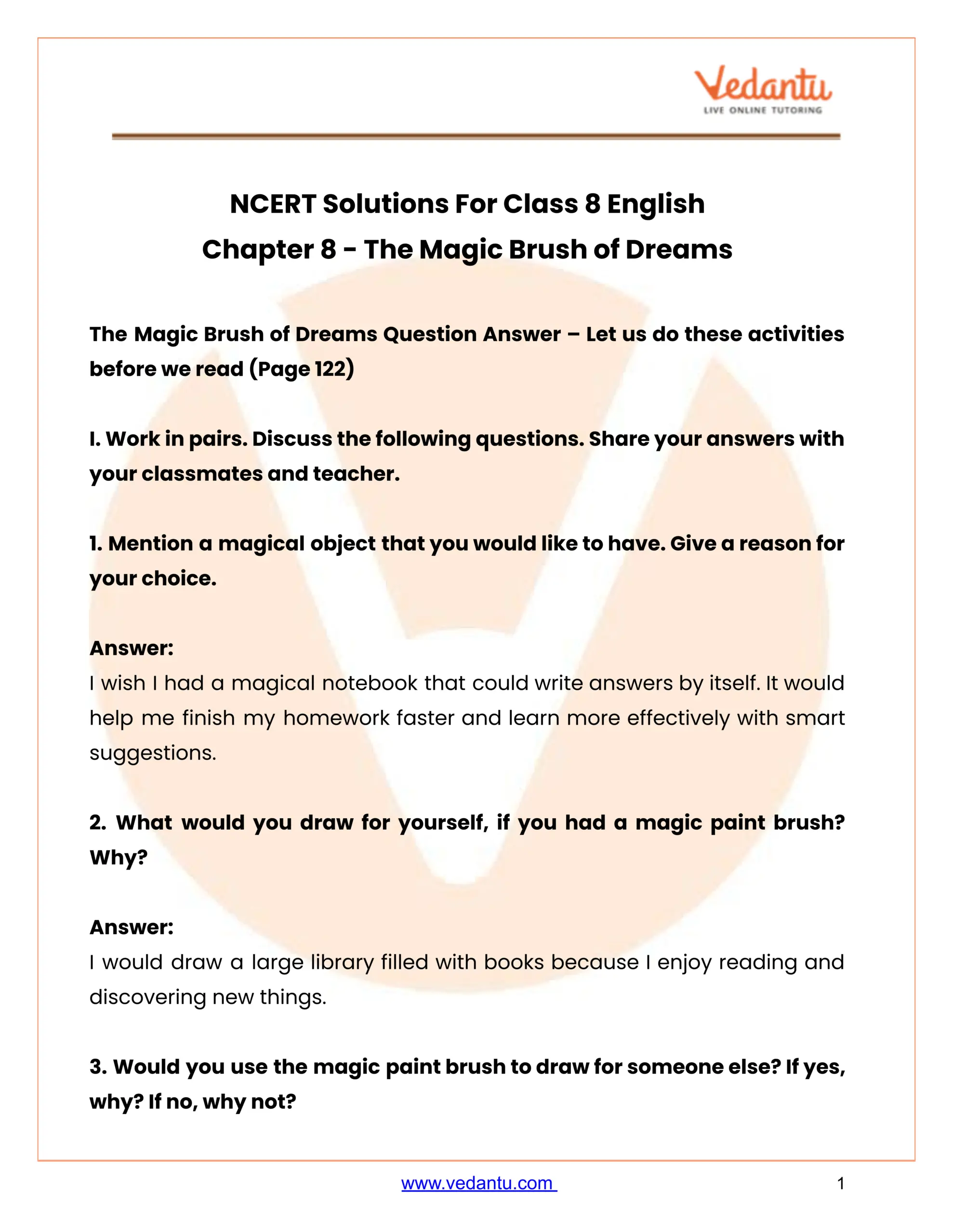 NCERT Solutions Class 8 English Poorvi Chapter 8 The Magic Brush Of Dreams Negotiating With The Universe