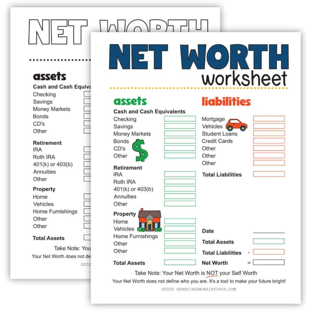 Net Worth Worksheet Sunshine And Rainy Days Net Worth Worksheet Sunshine And Rainy Days