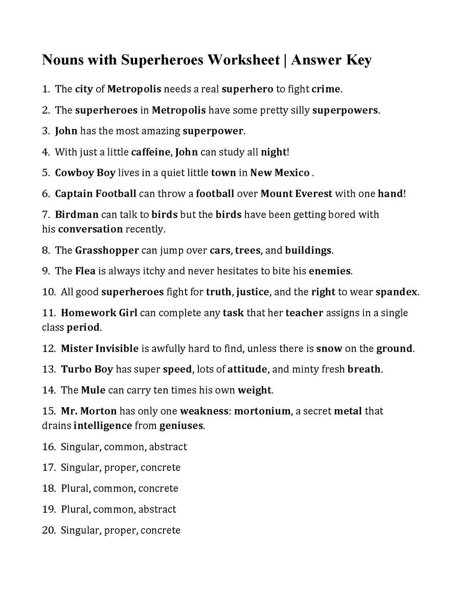 Nouns Worksheet With Superheroes Parts Of Speech Activity
